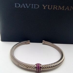 David Yurman Silver Cable Cuff with Pink Sapphires Pavé Station